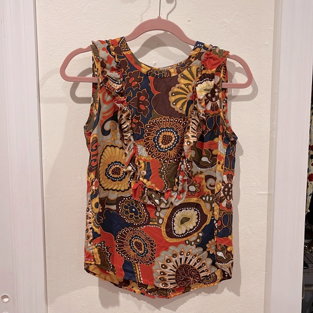 J Crew Sleveless Silk Orange, Navy, Mustard and Brown Top